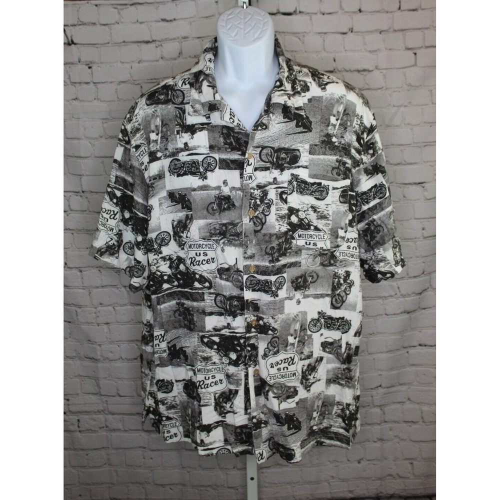 Puritan Men's Motorcycle Button Up Shirt Size XL 100% Rayon All Over Print EUC